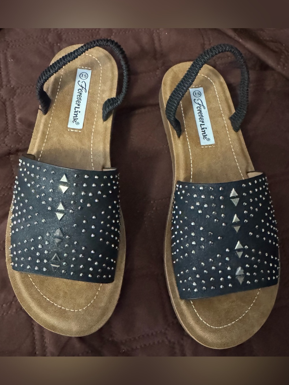 Forever Link Black Studded Slip-On Sandals with Tan Footbed